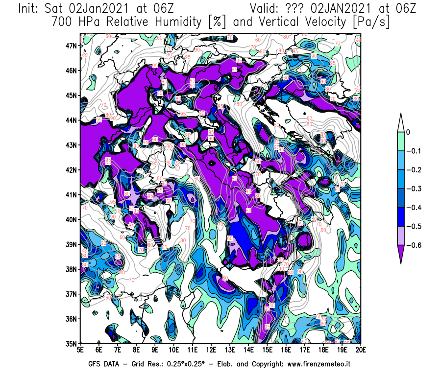 Mappa di analisi GFS - Umidità relativa [%] e Omega [Pa/s] a 700 hPa in Italia
									del 02/01/2021 06 <!--googleoff: index-->UTC<!--googleon: index-->