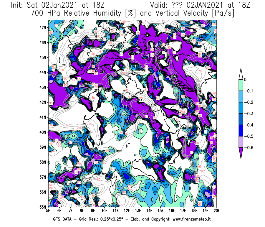Mappa di analisi GFS - Umidità relativa [%] e Omega [Pa/s] a 700 hPa in Italia
									del 02/01/2021 18 <!--googleoff: index-->UTC<!--googleon: index-->