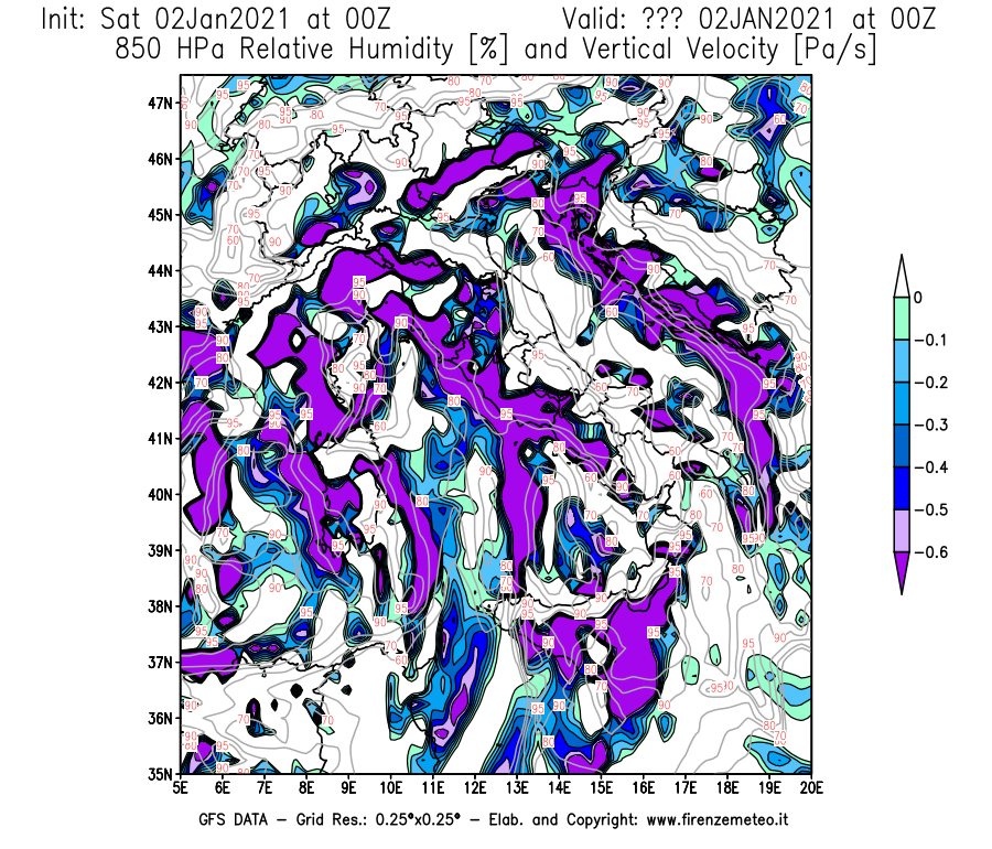 Mappa di analisi GFS - Umidità relativa [%] e Omega [Pa/s] a 850 hPa in Italia
									del 02/01/2021 00 <!--googleoff: index-->UTC<!--googleon: index-->
