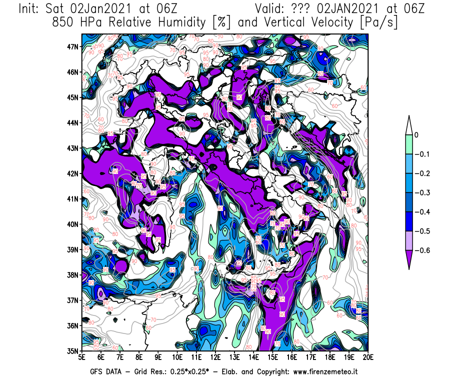 Mappa di analisi GFS - Umidità relativa [%] e Omega [Pa/s] a 850 hPa in Italia
									del 02/01/2021 06 <!--googleoff: index-->UTC<!--googleon: index-->