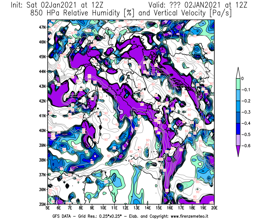 Mappa di analisi GFS - Umidità relativa [%] e Omega [Pa/s] a 850 hPa in Italia
									del 02/01/2021 12 <!--googleoff: index-->UTC<!--googleon: index-->