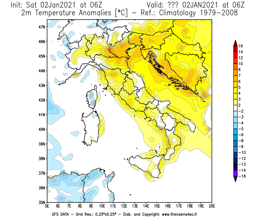 Mappa di analisi GFS - Anomalia Temperatura [°C] a 2 m in Italia
									del 02/01/2021 06 <!--googleoff: index-->UTC<!--googleon: index-->