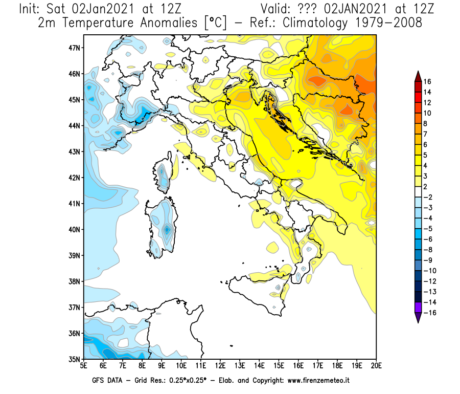 Mappa di analisi GFS - Anomalia Temperatura [°C] a 2 m in Italia
									del 02/01/2021 12 <!--googleoff: index-->UTC<!--googleon: index-->