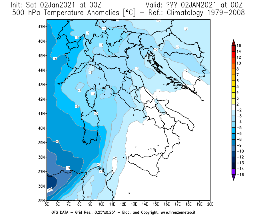Mappa di analisi GFS - Anomalia Temperatura [°C] a 500 hPa in Italia
									del 02/01/2021 00 <!--googleoff: index-->UTC<!--googleon: index-->