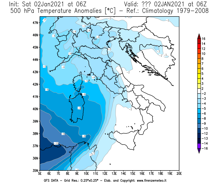 Mappa di analisi GFS - Anomalia Temperatura [°C] a 500 hPa in Italia
									del 02/01/2021 06 <!--googleoff: index-->UTC<!--googleon: index-->