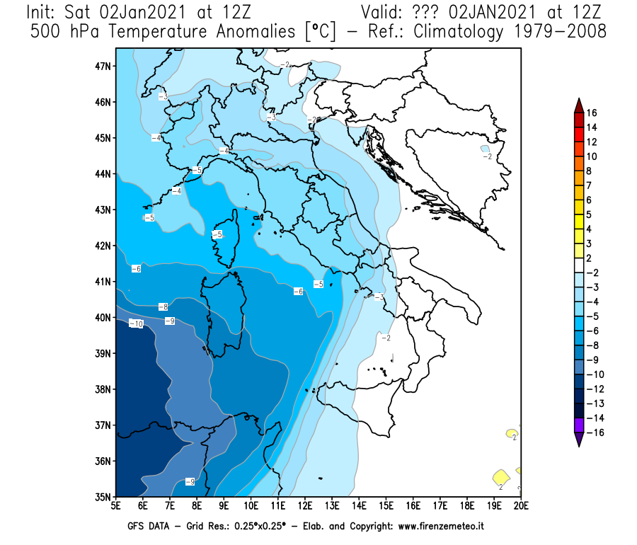 Mappa di analisi GFS - Anomalia Temperatura [°C] a 500 hPa in Italia
									del 02/01/2021 12 <!--googleoff: index-->UTC<!--googleon: index-->