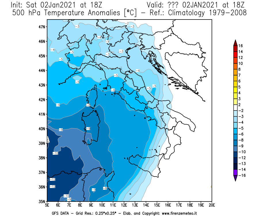 Mappa di analisi GFS - Anomalia Temperatura [°C] a 500 hPa in Italia
									del 02/01/2021 18 <!--googleoff: index-->UTC<!--googleon: index-->