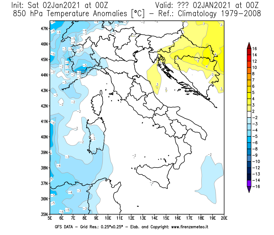 Mappa di analisi GFS - Anomalia Temperatura [°C] a 850 hPa in Italia
									del 02/01/2021 00 <!--googleoff: index-->UTC<!--googleon: index-->