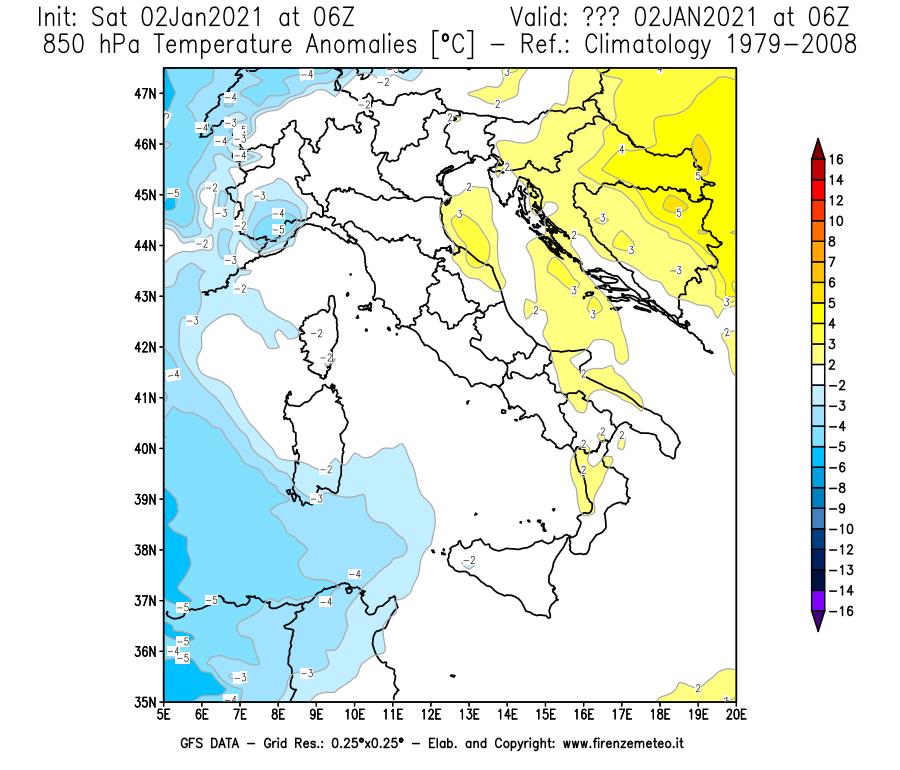 Mappa di analisi GFS - Anomalia Temperatura [°C] a 850 hPa in Italia
									del 02/01/2021 06 <!--googleoff: index-->UTC<!--googleon: index-->