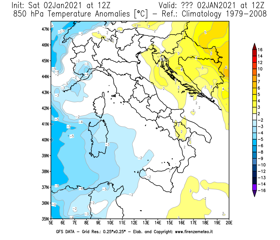 Mappa di analisi GFS - Anomalia Temperatura [°C] a 850 hPa in Italia
									del 02/01/2021 12 <!--googleoff: index-->UTC<!--googleon: index-->