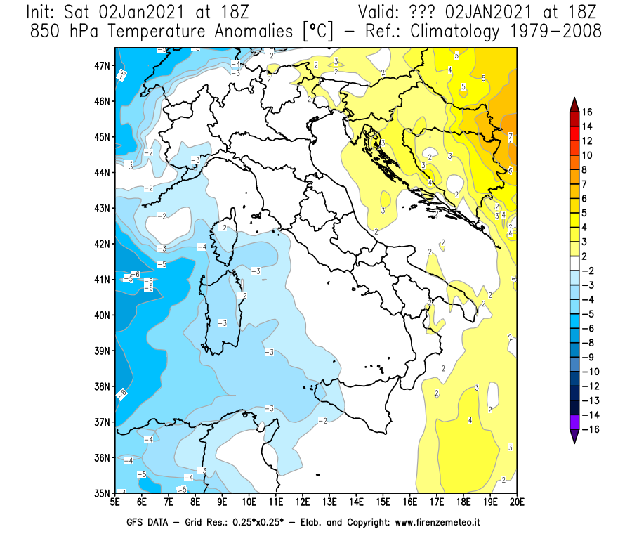 Mappa di analisi GFS - Anomalia Temperatura [°C] a 850 hPa in Italia
									del 02/01/2021 18 <!--googleoff: index-->UTC<!--googleon: index-->