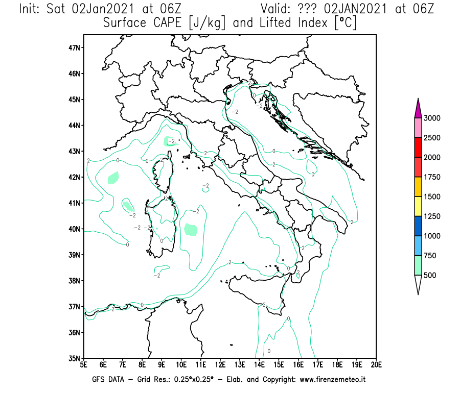 Mappa di analisi GFS - CAPE [J/kg] e Lifted Index [°C] in Italia
									del 02/01/2021 06 <!--googleoff: index-->UTC<!--googleon: index-->