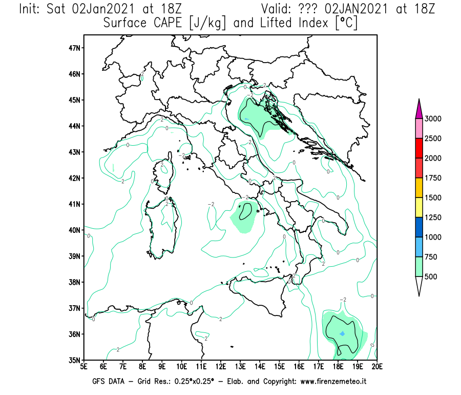 Mappa di analisi GFS - CAPE [J/kg] e Lifted Index [°C] in Italia
									del 02/01/2021 18 <!--googleoff: index-->UTC<!--googleon: index-->
