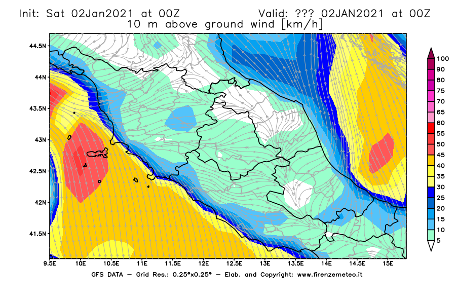 Mappa di analisi GFS - Velocità del vento a 10 metri dal suolo [km/h] in Centro-Italia
									del 02/01/2021 00 <!--googleoff: index-->UTC<!--googleon: index-->