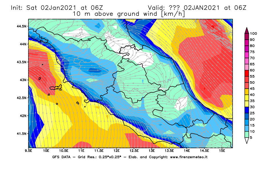 Mappa di analisi GFS - Velocità del vento a 10 metri dal suolo [km/h] in Centro-Italia
									del 02/01/2021 06 <!--googleoff: index-->UTC<!--googleon: index-->