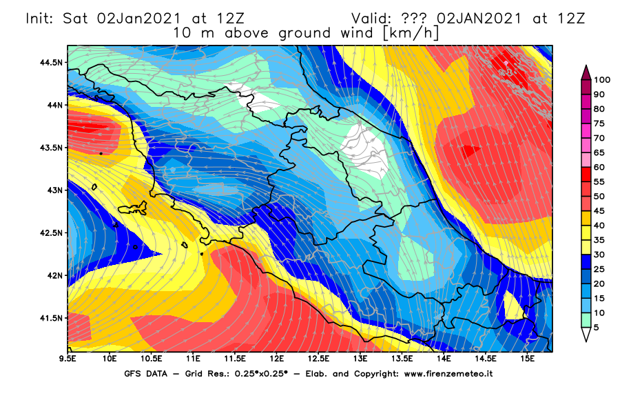 Mappa di analisi GFS - Velocità del vento a 10 metri dal suolo [km/h] in Centro-Italia
									del 02/01/2021 12 <!--googleoff: index-->UTC<!--googleon: index-->