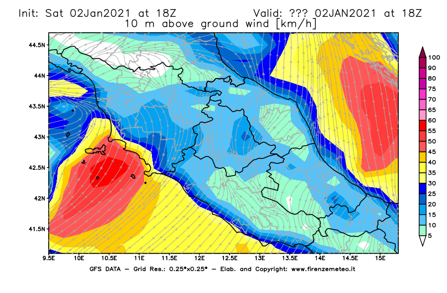 Mappa di analisi GFS - Velocità del vento a 10 metri dal suolo [km/h] in Centro-Italia
									del 02/01/2021 18 <!--googleoff: index-->UTC<!--googleon: index-->