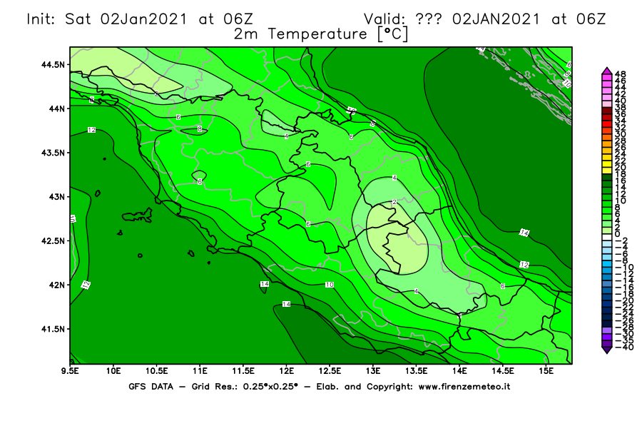 Mappa di analisi GFS - Temperatura a 2 metri dal suolo [°C] in Centro-Italia
									del 02/01/2021 06 <!--googleoff: index-->UTC<!--googleon: index-->