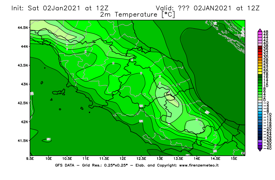 Mappa di analisi GFS - Temperatura a 2 metri dal suolo [°C] in Centro-Italia
									del 02/01/2021 12 <!--googleoff: index-->UTC<!--googleon: index-->