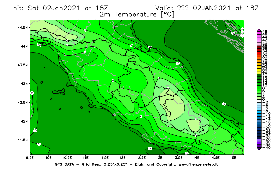 Mappa di analisi GFS - Temperatura a 2 metri dal suolo [°C] in Centro-Italia
									del 02/01/2021 18 <!--googleoff: index-->UTC<!--googleon: index-->