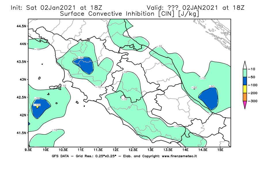 Mappa di analisi GFS - CIN [J/kg] in Centro-Italia
									del 02/01/2021 18 <!--googleoff: index-->UTC<!--googleon: index-->