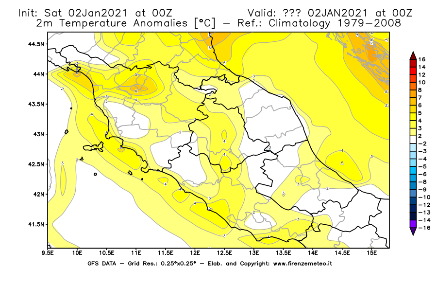 Mappa di analisi GFS - Anomalia Temperatura [°C] a 2 m in Centro-Italia
									del 02/01/2021 00 <!--googleoff: index-->UTC<!--googleon: index-->