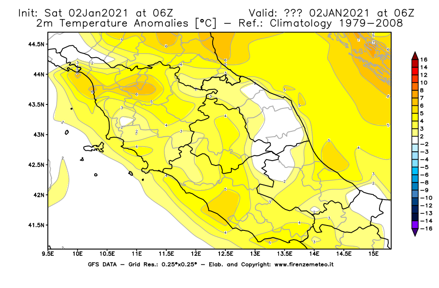 Mappa di analisi GFS - Anomalia Temperatura [°C] a 2 m in Centro-Italia
									del 02/01/2021 06 <!--googleoff: index-->UTC<!--googleon: index-->