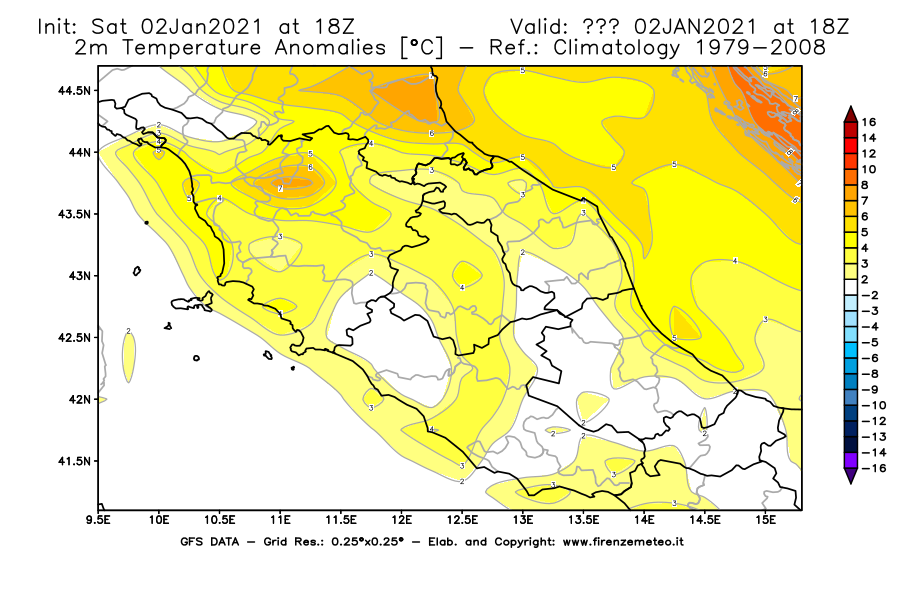 Mappa di analisi GFS - Anomalia Temperatura [°C] a 2 m in Centro-Italia
									del 02/01/2021 18 <!--googleoff: index-->UTC<!--googleon: index-->