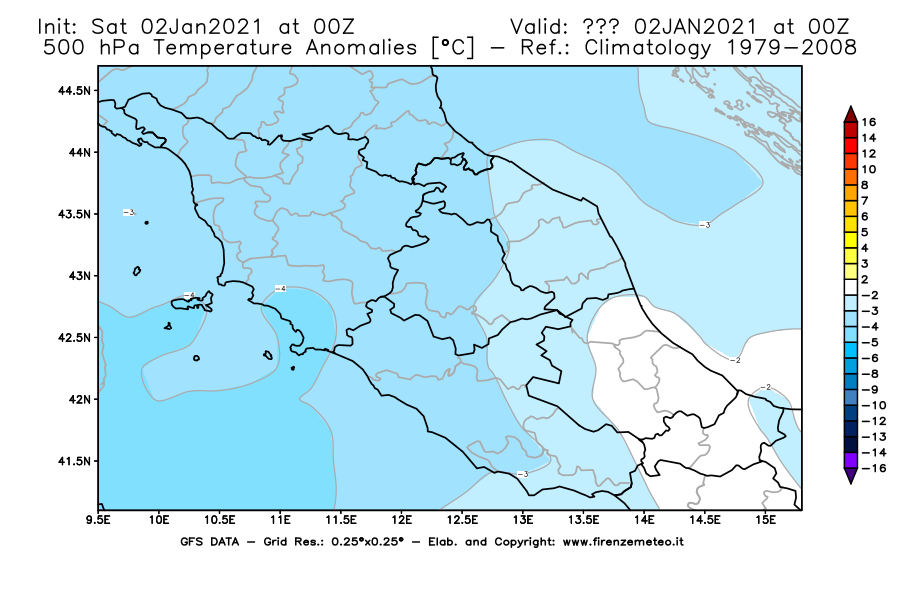 Mappa di analisi GFS - Anomalia Temperatura [°C] a 500 hPa in Centro-Italia
									del 02/01/2021 00 <!--googleoff: index-->UTC<!--googleon: index-->