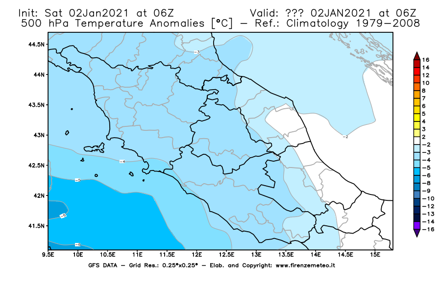 Mappa di analisi GFS - Anomalia Temperatura [°C] a 500 hPa in Centro-Italia
									del 02/01/2021 06 <!--googleoff: index-->UTC<!--googleon: index-->