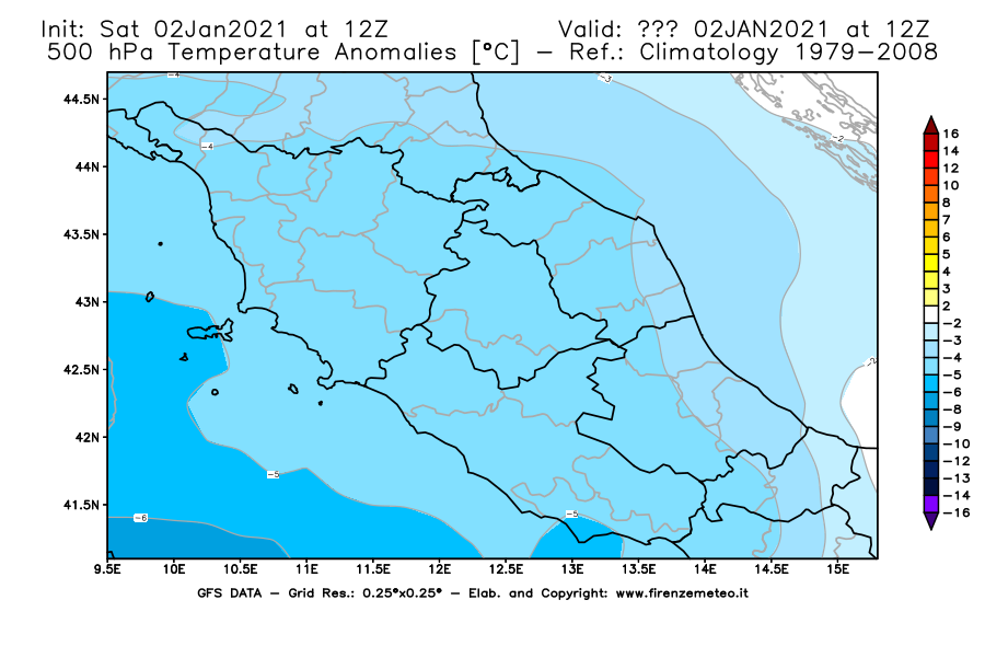 Mappa di analisi GFS - Anomalia Temperatura [°C] a 500 hPa in Centro-Italia
									del 02/01/2021 12 <!--googleoff: index-->UTC<!--googleon: index-->