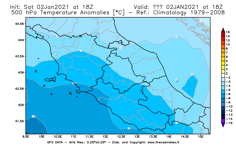 Mappa di analisi GFS - Anomalia Temperatura [°C] a 500 hPa in Centro-Italia
									del 02/01/2021 18 <!--googleoff: index-->UTC<!--googleon: index-->