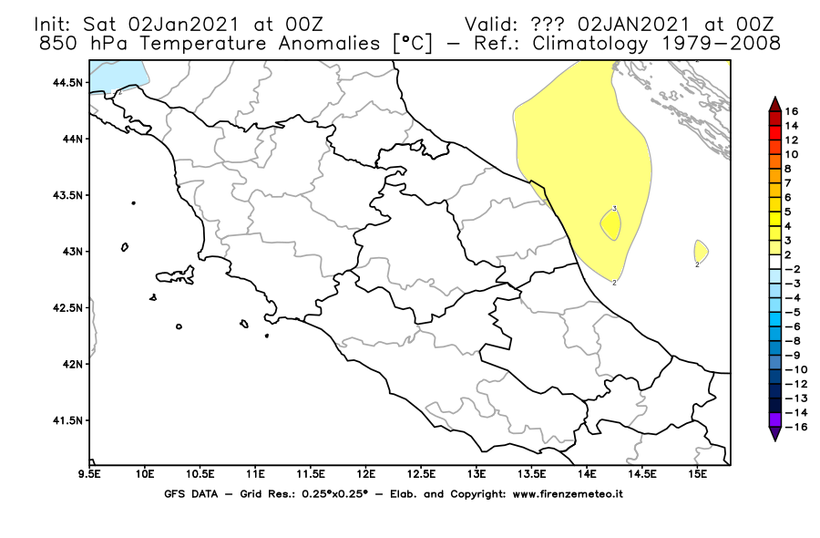 Mappa di analisi GFS - Anomalia Temperatura [°C] a 850 hPa in Centro-Italia
									del 02/01/2021 00 <!--googleoff: index-->UTC<!--googleon: index-->
