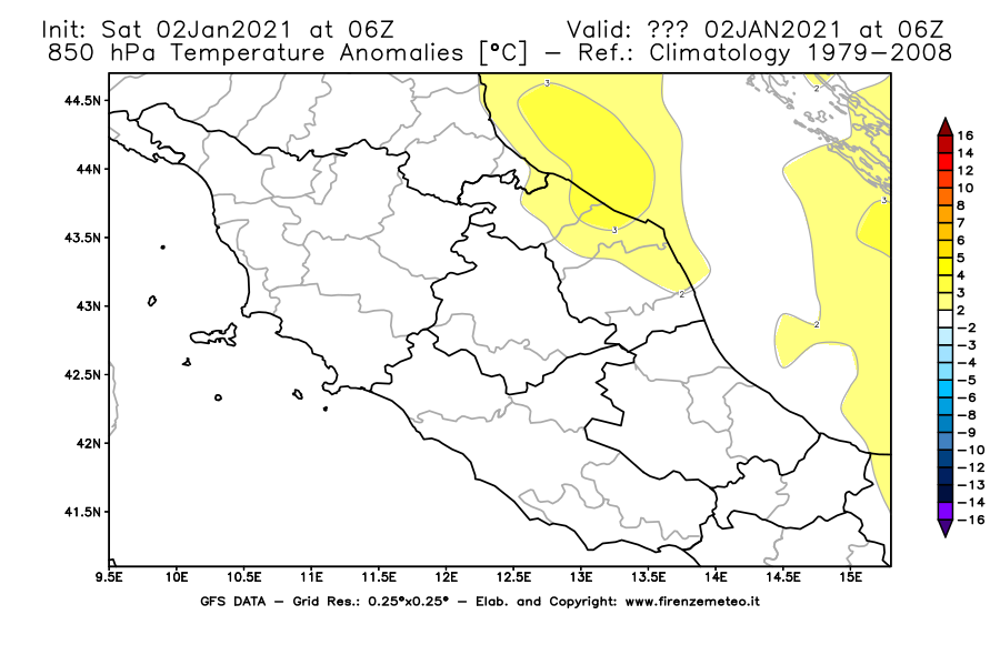 Mappa di analisi GFS - Anomalia Temperatura [°C] a 850 hPa in Centro-Italia
									del 02/01/2021 06 <!--googleoff: index-->UTC<!--googleon: index-->