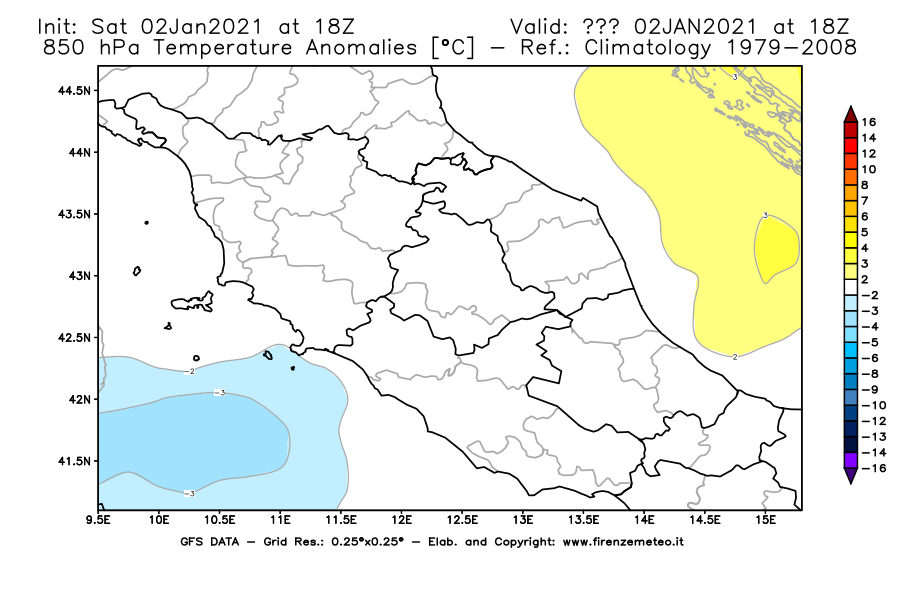 Mappa di analisi GFS - Anomalia Temperatura [°C] a 850 hPa in Centro-Italia
									del 02/01/2021 18 <!--googleoff: index-->UTC<!--googleon: index-->