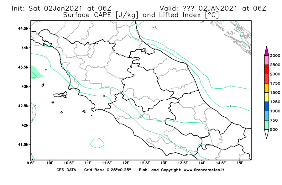 Mappa di analisi GFS - CAPE [J/kg] e Lifted Index [°C] in Centro-Italia
									del 02/01/2021 06 <!--googleoff: index-->UTC<!--googleon: index-->