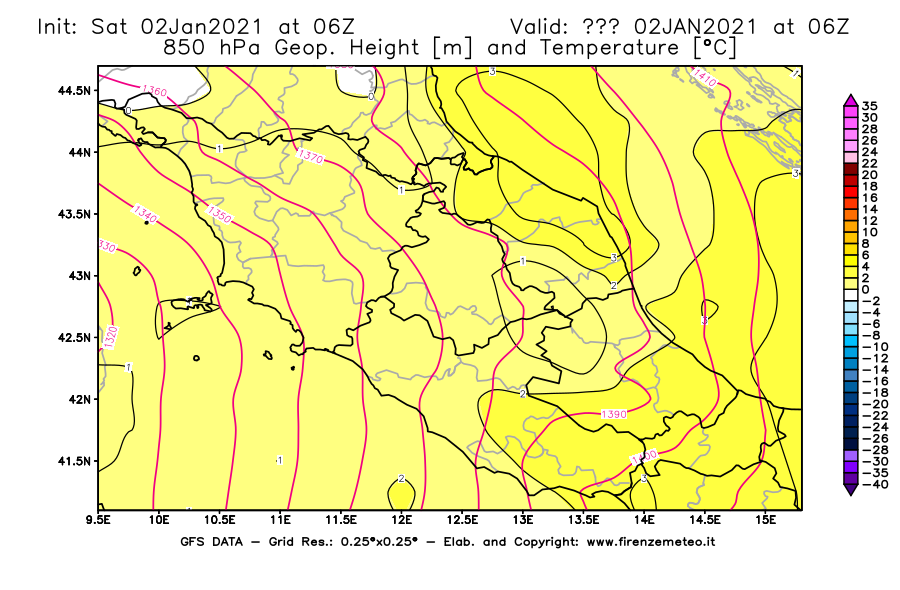 Mappa di analisi GFS - Geopotenziale [m] e Temperatura [°C] a 850 hPa in Centro-Italia
									del 02/01/2021 06 <!--googleoff: index-->UTC<!--googleon: index-->