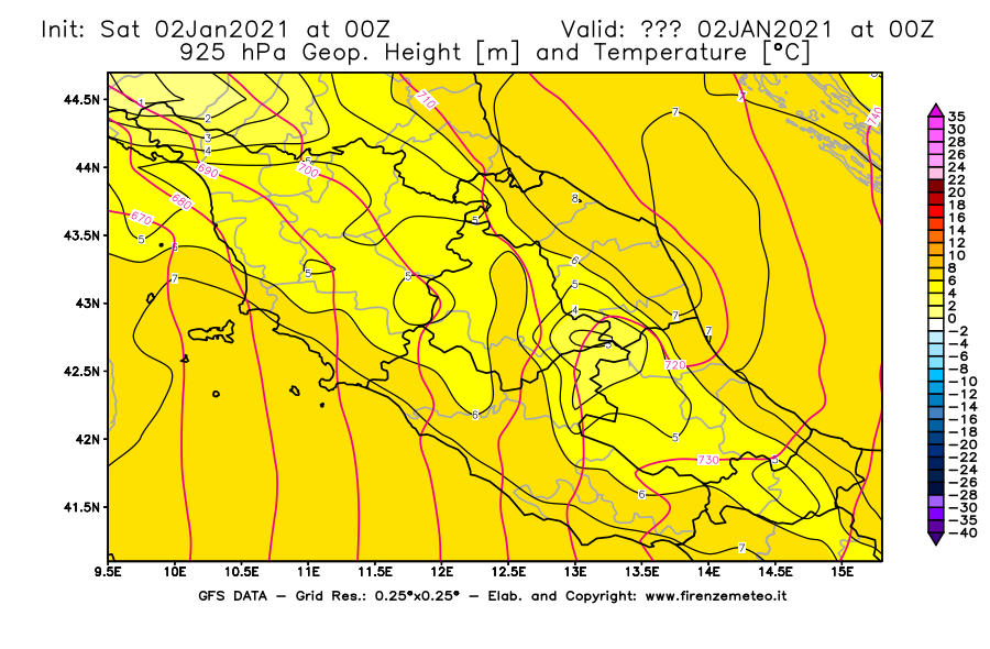Mappa di analisi GFS - Geopotenziale [m] e Temperatura [°C] a 925 hPa in Centro-Italia
									del 02/01/2021 00 <!--googleoff: index-->UTC<!--googleon: index-->