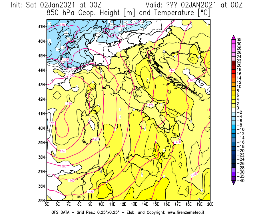 Mappa di analisi GFS - Geopotenziale [m] e Temperatura [°C] a 850 hPa in Italia
									del 02/01/2021 00 <!--googleoff: index-->UTC<!--googleon: index-->