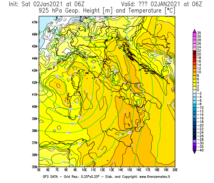 Mappa di analisi GFS - Geopotenziale [m] e Temperatura [°C] a 925 hPa in Italia
									del 02/01/2021 06 <!--googleoff: index-->UTC<!--googleon: index-->