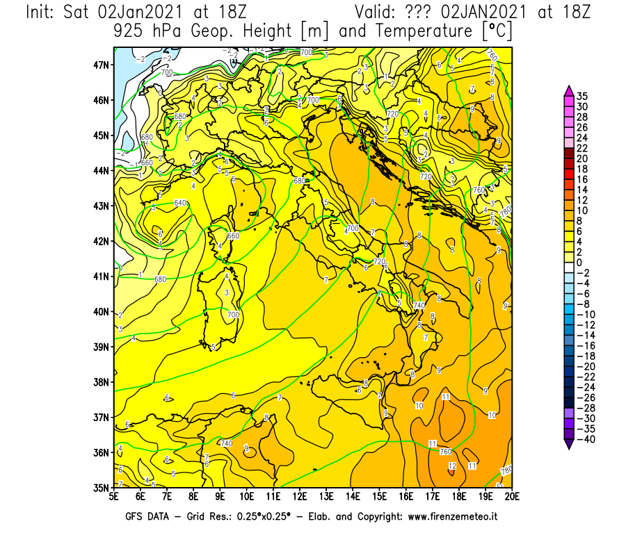 Mappa di analisi GFS - Geopotenziale [m] e Temperatura [°C] a 925 hPa in Italia
									del 02/01/2021 18 <!--googleoff: index-->UTC<!--googleon: index-->