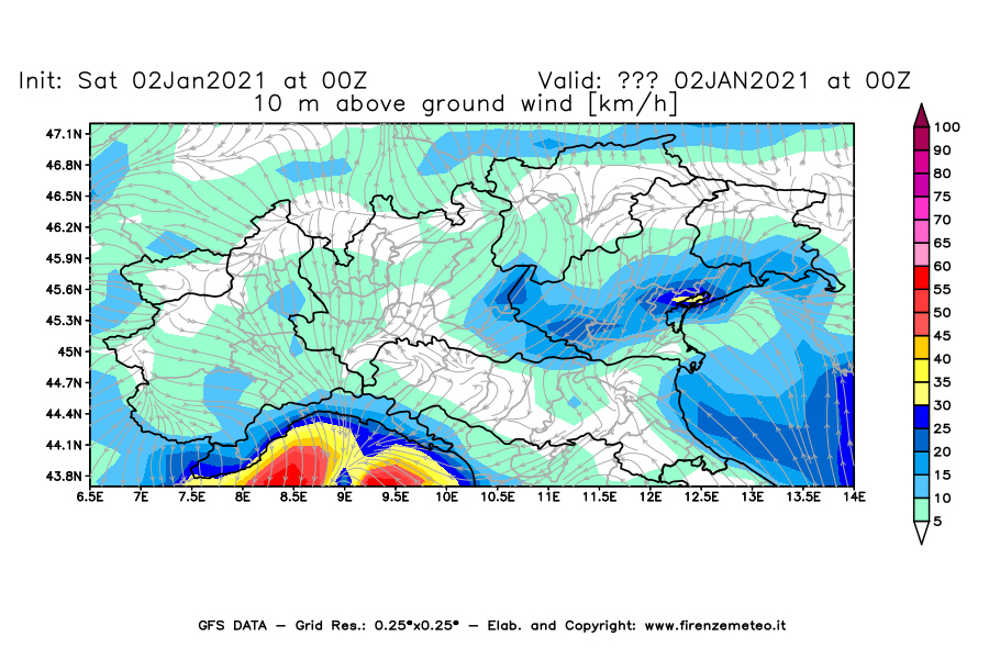 Mappa di analisi GFS - Velocità del vento a 10 metri dal suolo [km/h] in Nord-Italia
									del 02/01/2021 00 <!--googleoff: index-->UTC<!--googleon: index-->