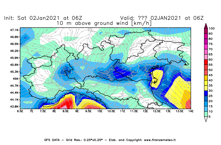 Mappa di analisi GFS - Velocità del vento a 10 metri dal suolo [km/h] in Nord-Italia
									del 02/01/2021 06 <!--googleoff: index-->UTC<!--googleon: index-->