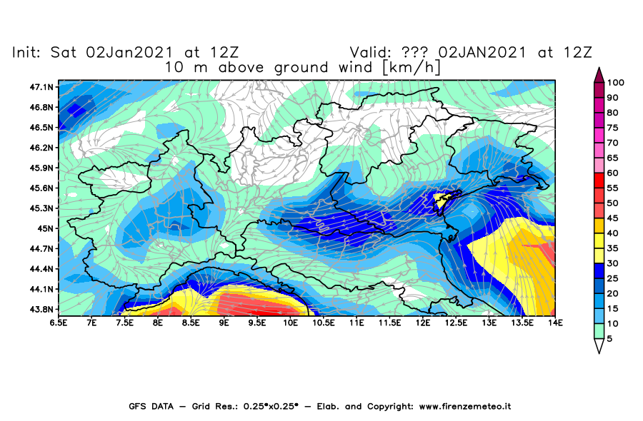 Mappa di analisi GFS - Velocità del vento a 10 metri dal suolo [km/h] in Nord-Italia
									del 02/01/2021 12 <!--googleoff: index-->UTC<!--googleon: index-->