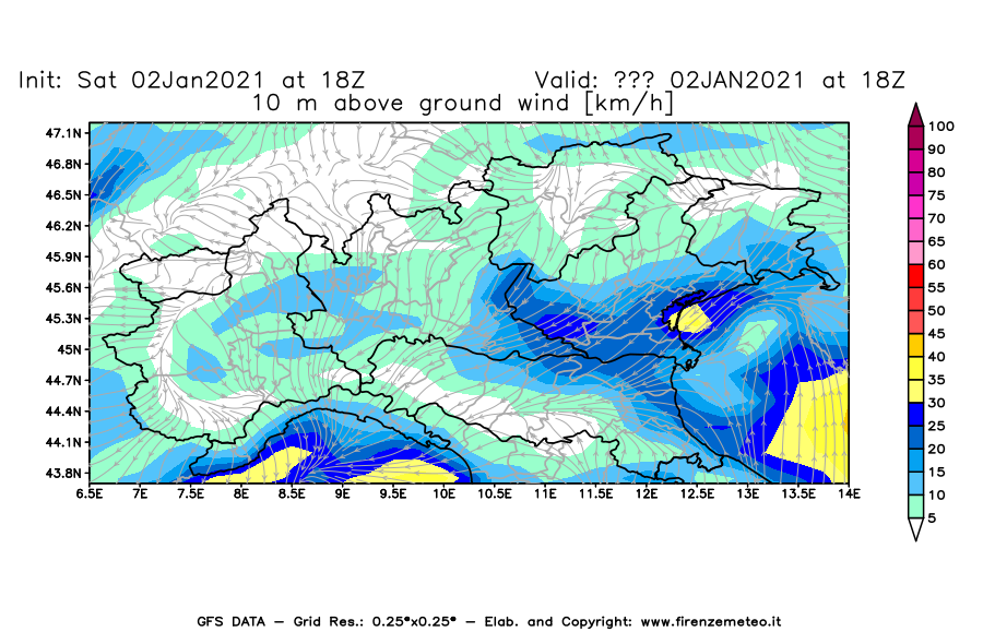 Mappa di analisi GFS - Velocità del vento a 10 metri dal suolo [km/h] in Nord-Italia
									del 02/01/2021 18 <!--googleoff: index-->UTC<!--googleon: index-->