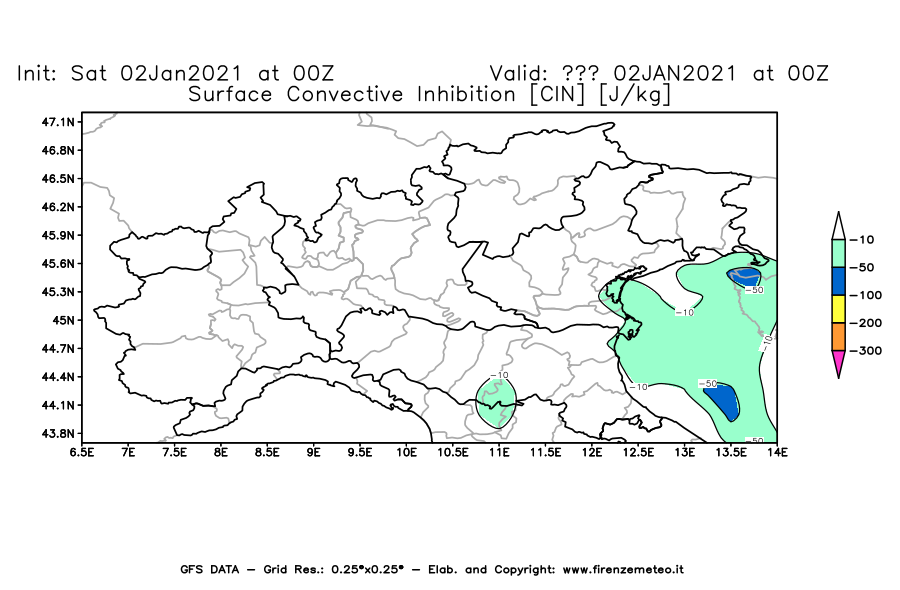 Mappa di analisi GFS - CIN [J/kg] in Nord-Italia
									del 02/01/2021 00 <!--googleoff: index-->UTC<!--googleon: index-->