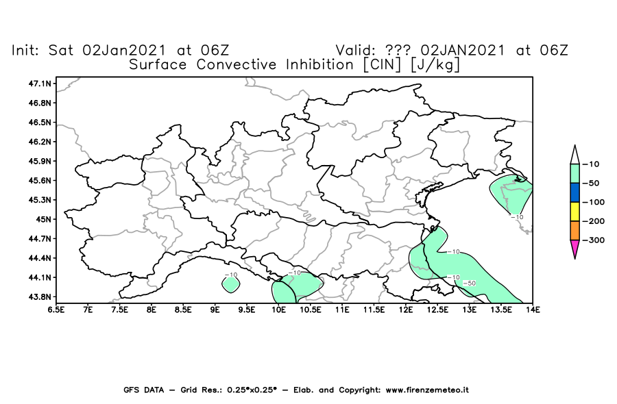 Mappa di analisi GFS - CIN [J/kg] in Nord-Italia
									del 02/01/2021 06 <!--googleoff: index-->UTC<!--googleon: index-->