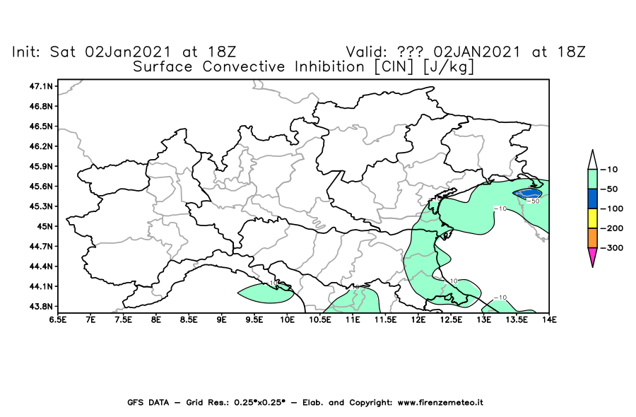 Mappa di analisi GFS - CIN [J/kg] in Nord-Italia
									del 02/01/2021 18 <!--googleoff: index-->UTC<!--googleon: index-->