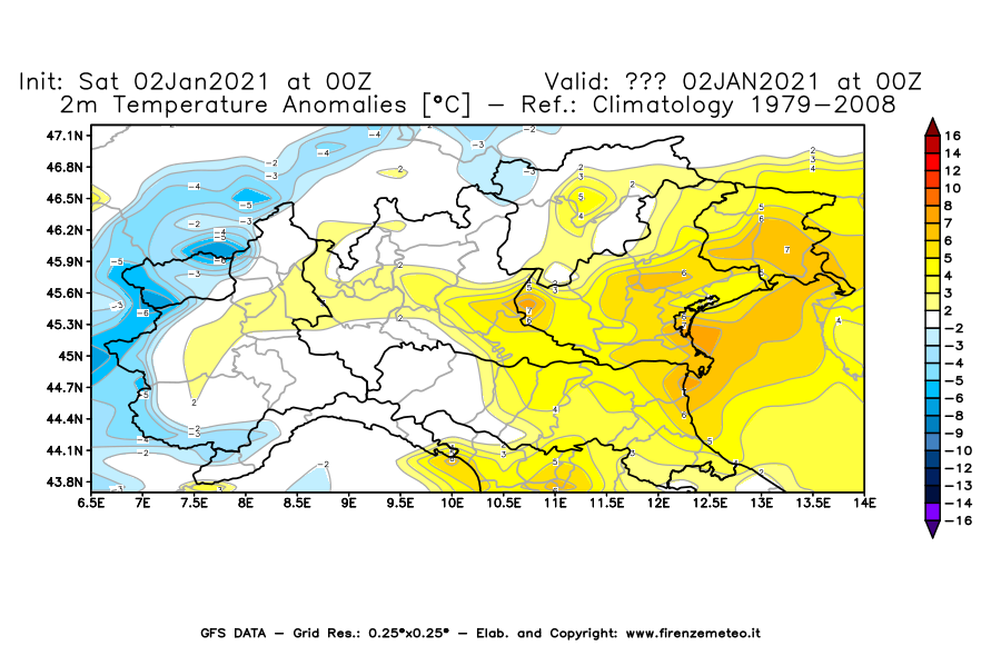 Mappa di analisi GFS - Anomalia Temperatura [°C] a 2 m in Nord-Italia
									del 02/01/2021 00 <!--googleoff: index-->UTC<!--googleon: index-->
