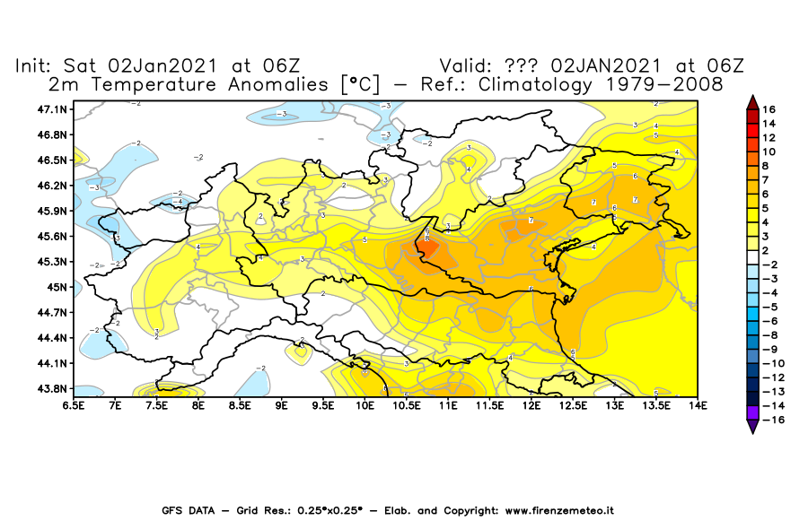 Mappa di analisi GFS - Anomalia Temperatura [°C] a 2 m in Nord-Italia
									del 02/01/2021 06 <!--googleoff: index-->UTC<!--googleon: index-->